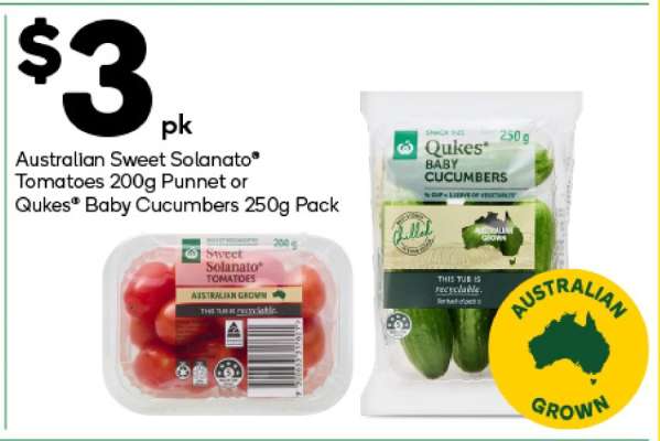 Australian Sweet Solanato® Tomatoes 200g Punnet or Qukes® Baby Cucumbers 250g Pack