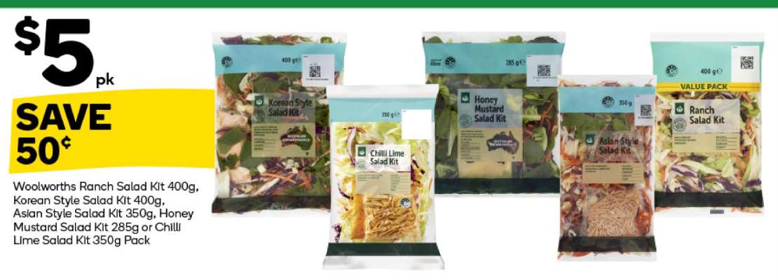 Woolworths Ranch Salad Kit 400g, Korean Style Salad Kit 400g, Asian Style Salad Kit 285g, Honey Mustard Salad Kit 285g or Chilli Lime Salad Kit 350g Pack
