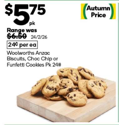 Woolworths Anzac Biscuits, Choc Chip or Funfetti Cookies Pk 24#