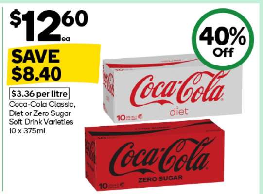 Coca-Cola Classic, Diet or Zero Sugar Soft Drink Varieties 10 x 375ml