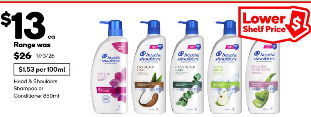 Head & Shoulders Shampoo or Conditioner 850mL