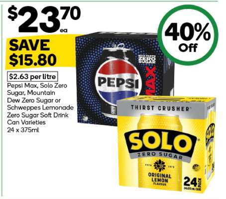 Pepsi Max, Solo Zero Sugar, Mountain Dew Zero Sugar or Schweppes Lemonade Zero Sugar Soft Drink Can Varieties