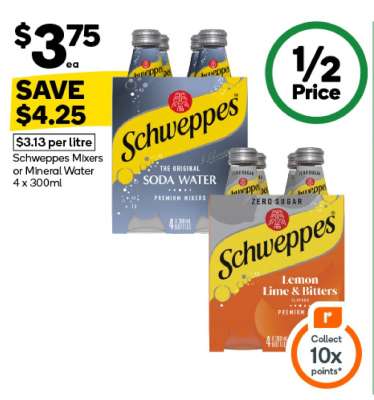 Schweppes Mixers or Mineral Water 4 x 300ml
