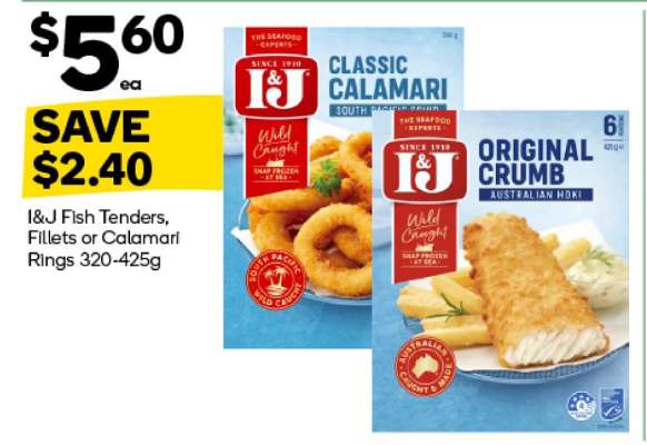 I&J Fish Tenders, Fillets or Calamari Rings 320-425g