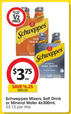 Schweppes Mixers, Soft Drink or Mineral Water 4x300mL
