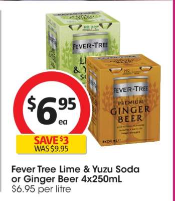 Fever Tree Lime & Yuzu Soda or Ginger Beer 4x250mL