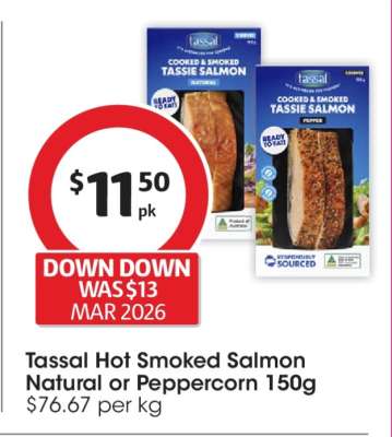 Tassal Hot Smoked Salmon Natural or Peppercorn 150g