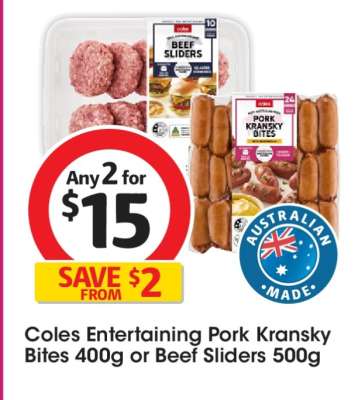 Coles Entertaining Pork Kransky Bites 400g or Beef Sliders 500g