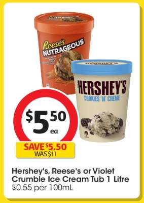 Hershey's, Reese's or Violet Crumble Ice Cream Tub 1 Litre