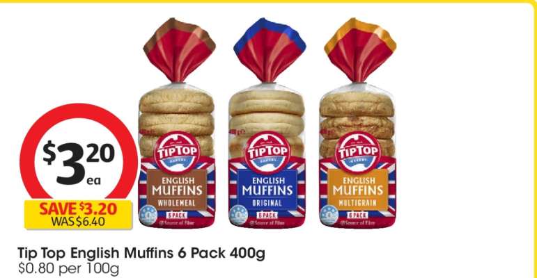 Tip Top English Muffins 6 Pack 400g