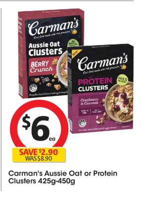 Carman's Aussie Oat or Protein Clusters 425g-450g