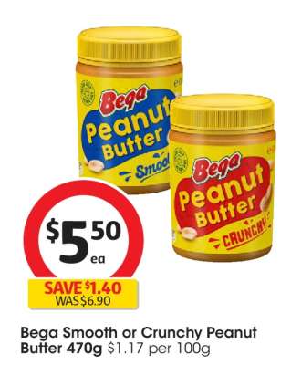 Bega Smooth or Crunchy Peanut Butter 470g