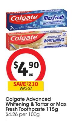 Colgate Advanced Whitening & Tartar or Max Fresh Toothpaste 115g