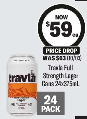 Travla Full Strength Lager Cans 24x375mL