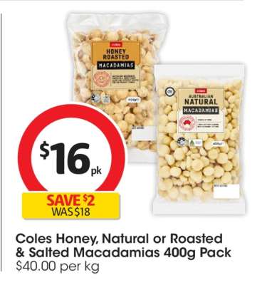 Coles Honey, Natural or Roasted & Salted Macadamias 400g Pack