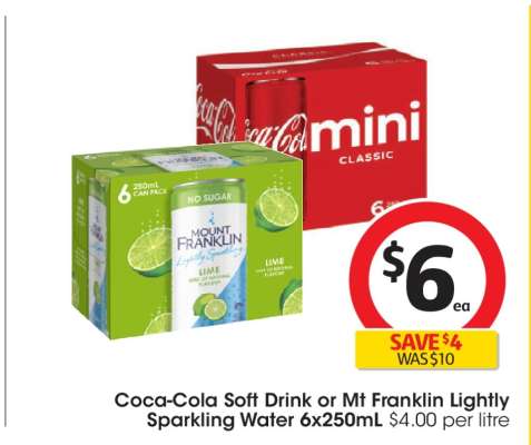 Coca-Cola Soft Drink or Mt Franklin Lightly Sparkling Water 6x250mL