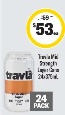 Travla Mid Strength Lager Cans 24x375mL