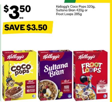 Kellogg’s Coco Pops 320g, Sultana Bran 420g or Froot Loops 285g