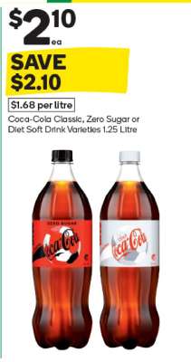 Coca-Cola Classic, Zero Sugar or Diet Soft Drink Varieties 1.25 Litre