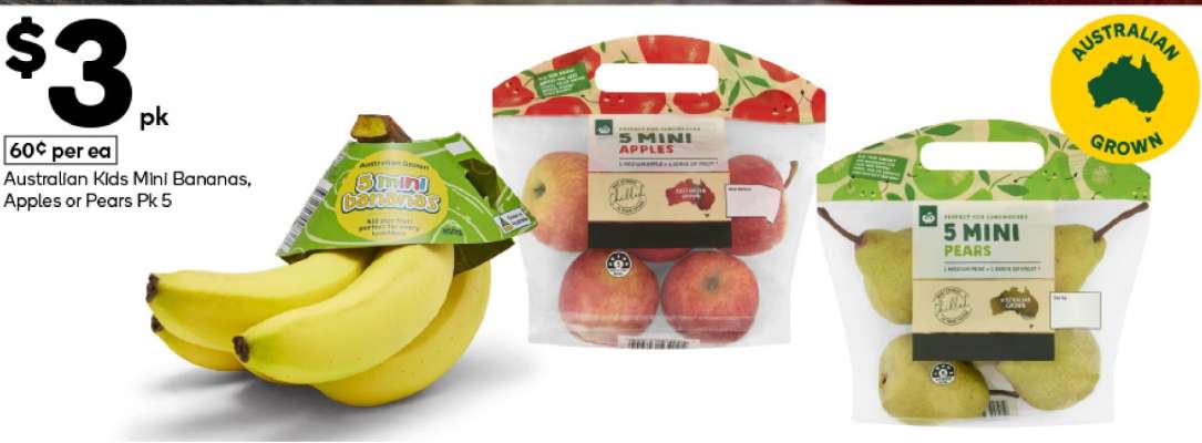 Australian Kids Mini Bananas, Apples or Pears Pk 5