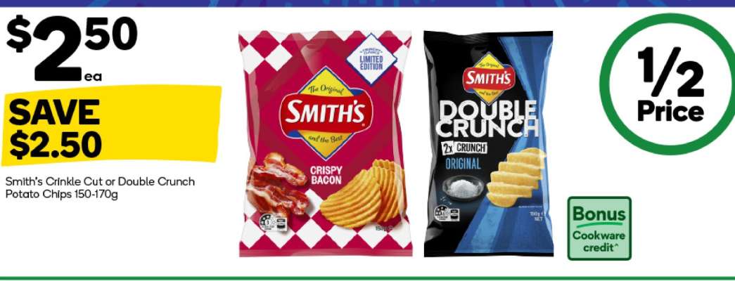 Smith's Crinkle Cut or Double Crunch Potato Chips 150-170g