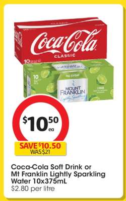Coca-Cola Soft Drink or Mt Franklin Lightly Sparkling Water 10x375mL