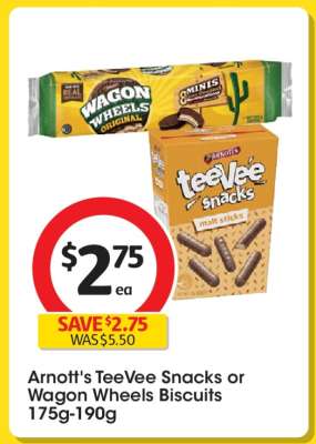 Arnott's TeeVee Snacks or Wagon Wheels Biscuits