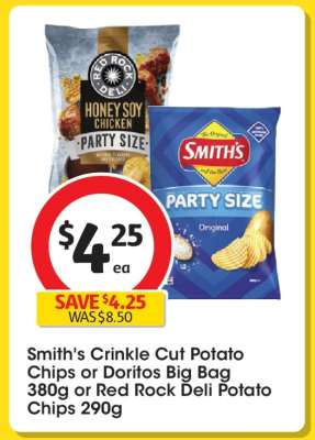 Smith's Crinkle Cut Potato Chips or Doritos Big Bag 380g or Red Rock Deli Potato Chips 290g
