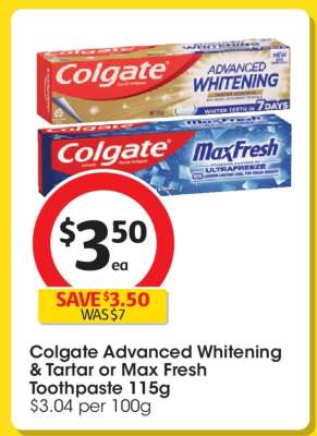 Colgate Advanced Whitening & Tartar or Max Fresh Toothpaste 115g