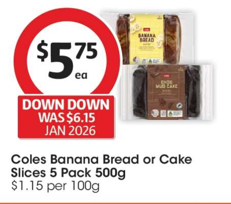 Coles Banana Bread or Cake Slices 5 Pack 500g