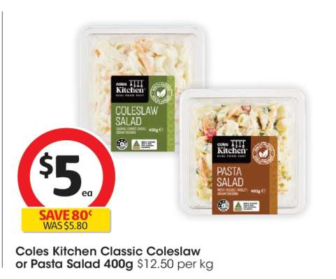 Coles Kitchen Classic Coleslaw or Pasta Salad 400g