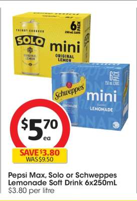 Pepsi Max, Solo or Schweppes Lemonade Soft Drink 6x250mL