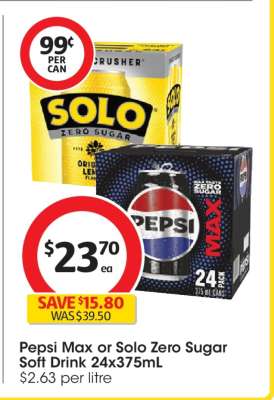 Pepsi Max or Solo Zero Sugar Soft Drink 24x375mL