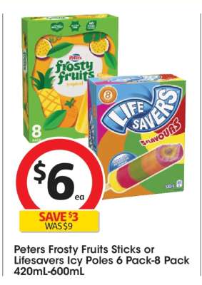Peters Frosty Fruits Sticks or Lifesavers Icy Poles