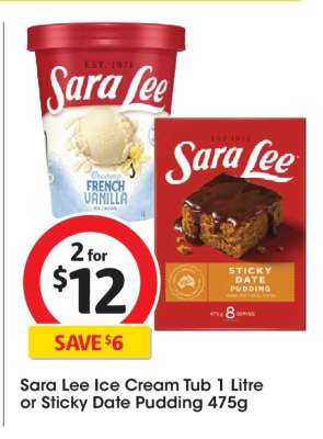 Sara Lee Ice Cream Tub 1 Litre or Sticky Date Pudding 475g
