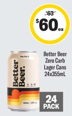 Better Beer Zero Carb Lager Cans 24x355mL