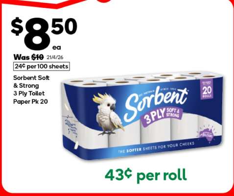 Sorbent Soft & Strong 3 Ply Toilet Paper Pk 20