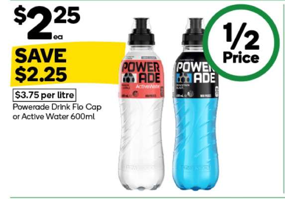 Powerade Drink Flo Cap or Active Water 600ml