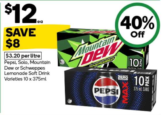 Pepsi, Solo, Mountain Dew or Schweppes Lemonade Soft Drink Varieties 10 x 375ml