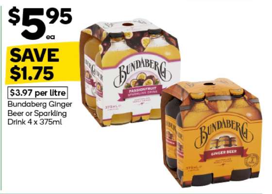 Bundaberg Ginger Beer or Sparkling Drink 4 x 375ml