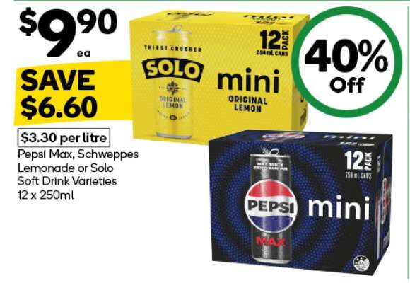 Pepsi Max, Schweppes Lemonade or Solo Soft Drink Varieties 12 x 250ml