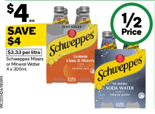 Schweppes Mixers or Mineral Water 4 x 300ml
