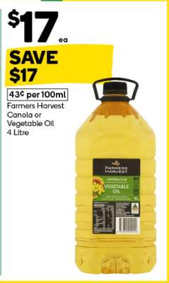 Farmers Harvest Canola or Vegetable Oil 4 Litre
