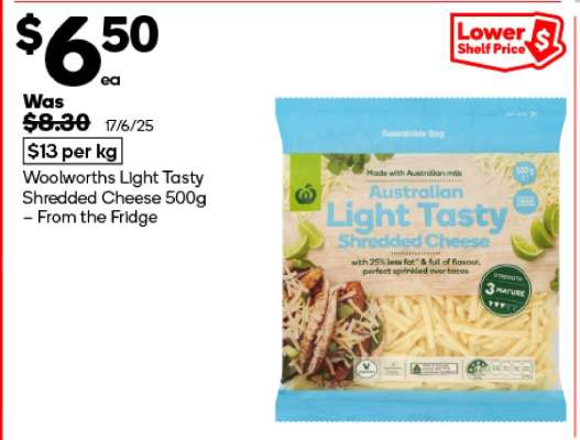 Woolworths Light Tasty Shredded Cheese 500g