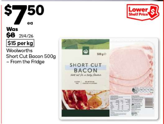 Woolworths Short Cut Bacon 500g – From the Fridge