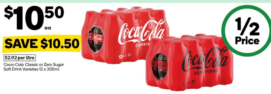 Coca-Cola Classic or Zero Sugar Soft Drink Varieties 12 x 300ml