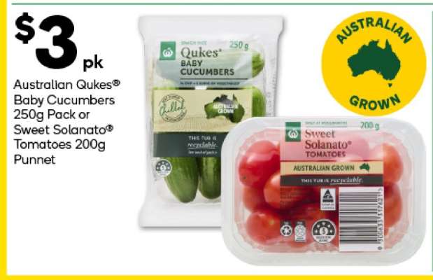 Australian Qukes® Baby Cucumbers 250g Pack or Sweet Solanato® Tomatoes 200g Punnet