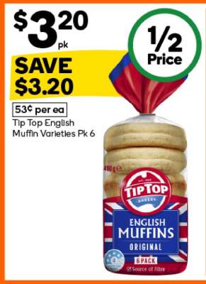 Tip Top English Muffin Varieties Pk 6