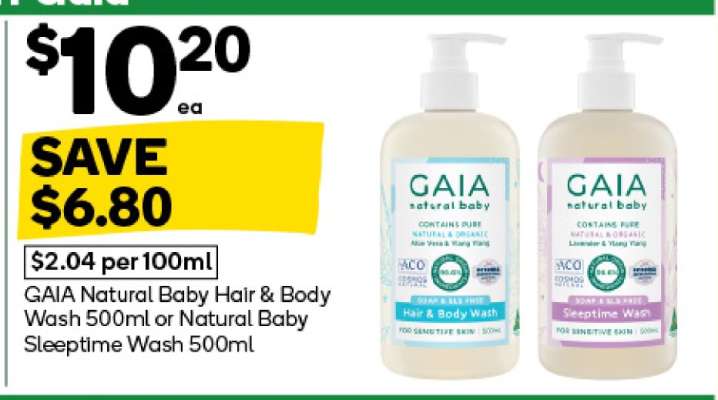 GAIA Natural Baby Hair & Body Wash 500ml or Natural Baby Sleeptime Wash 500ml