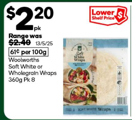 Woolworths Soft White or Wholegrain Wraps 360g Pk 8